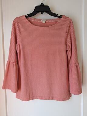 J Crew Women's Small Shirt Red Stripe Cropped 3/4 Bell Sleeves Career Casual
